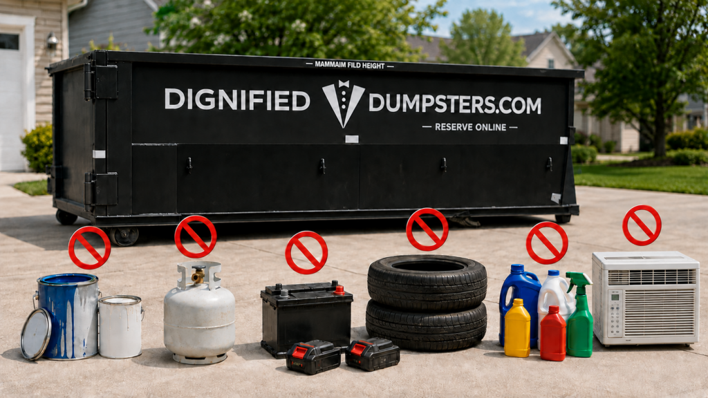 Car battery, lithium batteries, and propane tank kept out of a dumpster