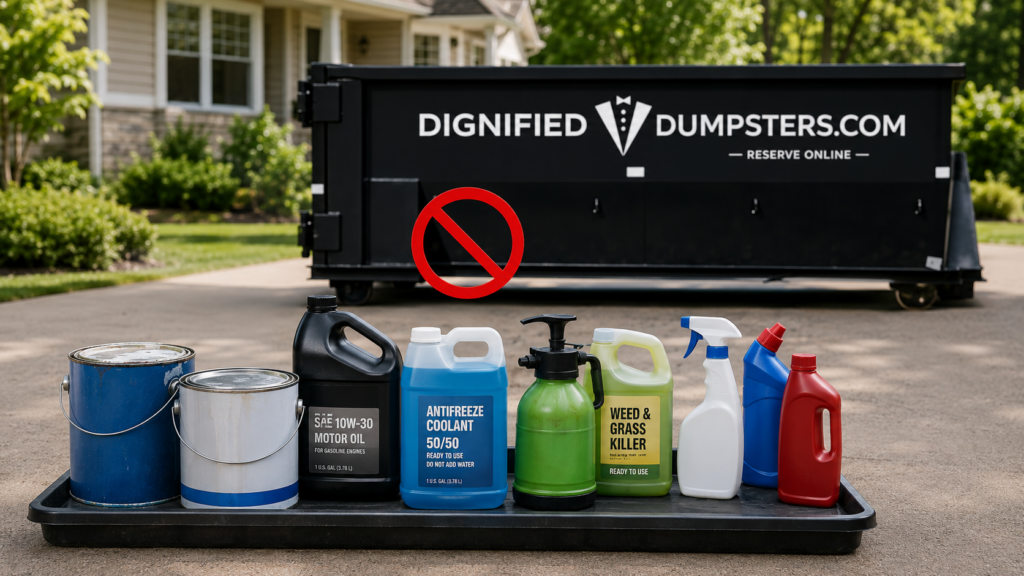 Paint, automotive fluids, pesticides, and chemicals that cannot go in a Michigan dumpster