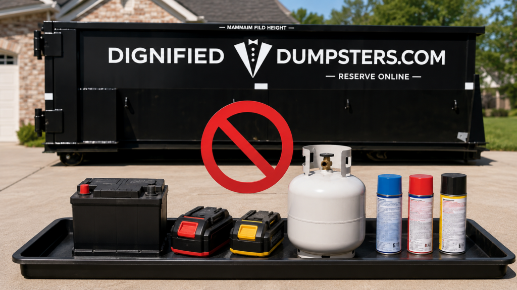 Car battery, lithium batteries, and propane tank kept out of a dumpster