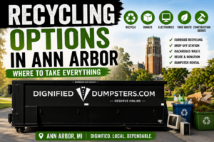 Recycling bins and household cleanup items representing recycling options in Ann Arbor Michigan