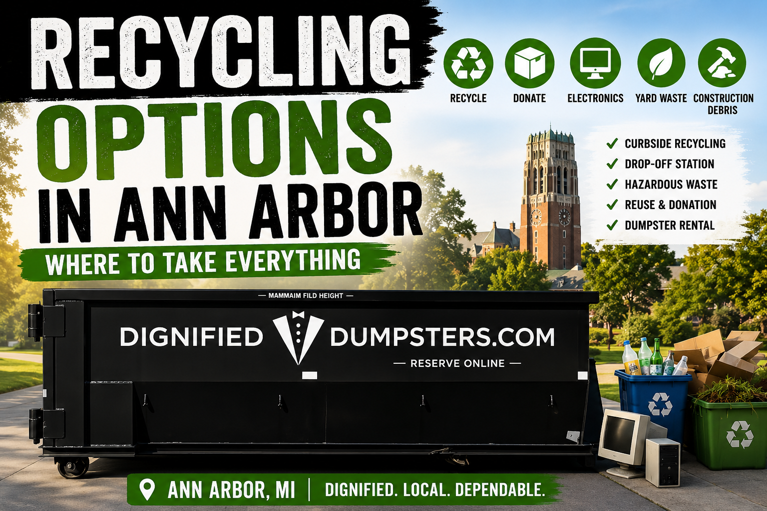 Recycling bins and household cleanup items representing recycling options in Ann Arbor Michigan