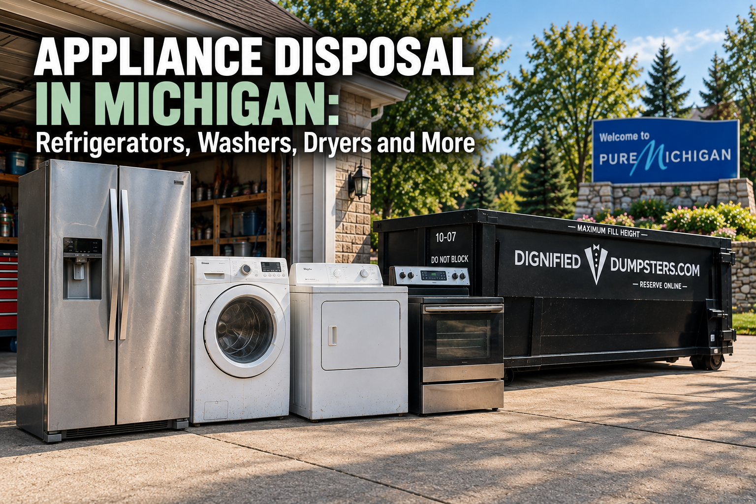 Realistic Michigan garage or driveway with an old refrigerator, washer, dryer and stove separated beside a Dignified Dumpsters container, illustrating appliance disposal in Michigan.