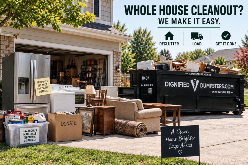 Dignified Dumpsters container at a Michigan home with furniture and regular household debris headed toward the dumpster while a refrigerator and specialty items remain clearly separated.